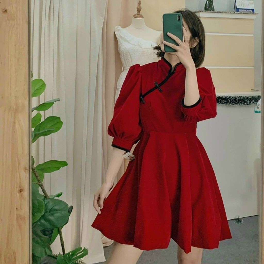 Đầm nhung đỏ,váy xòe đỏ tay phồng cổ tàu diện tết siêu xinh