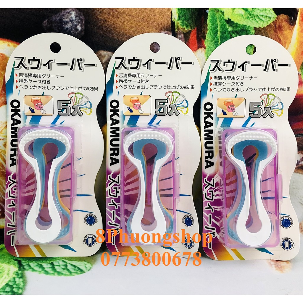 Dụng cụ cạo lưỡi Okamura tiêu chuẩn Nhật Bản 5 cái/ hộp ( 5 màu ) - Thìa vệ sinh làm sạch lưỡi