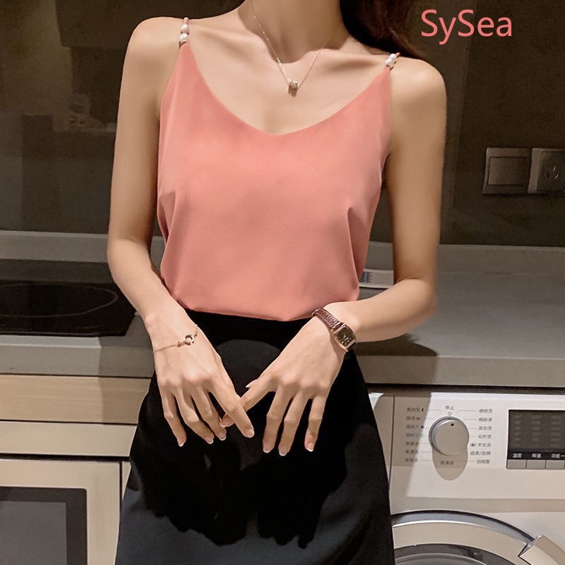 Áo Voan Hai Dây Đính Ngọc Trai Thời Trang Mùa Hè Pháp Cho Nữ