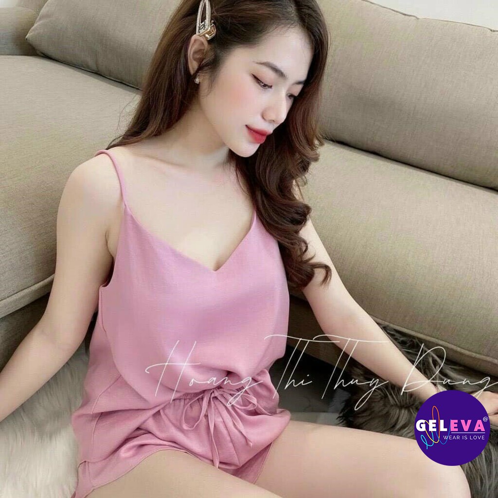 Bộ ngủ 2 dây lụa đẹp cao cấp Geleva, Đồ bộ nữ ngủ Pijama 2 dây lụa satin mặc nhà đẹp quần cộc lửng thoải mái