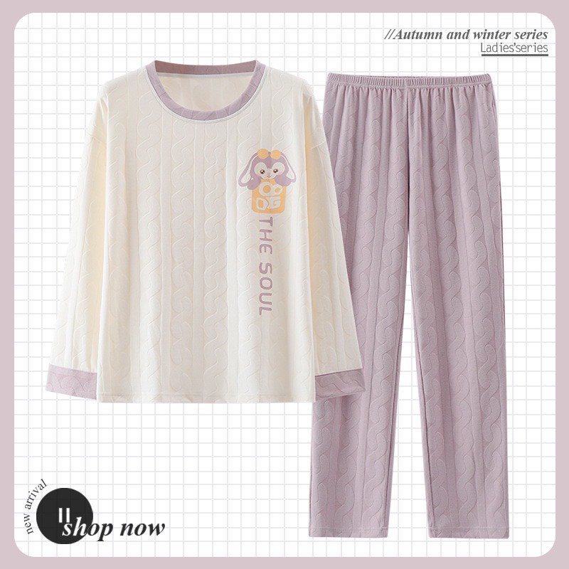 Bộ Mặc Nhà Cổ Tròn Dài Tay Chất Liệu Cotton Mềm Mịn Thấm Hút Hàng Qc