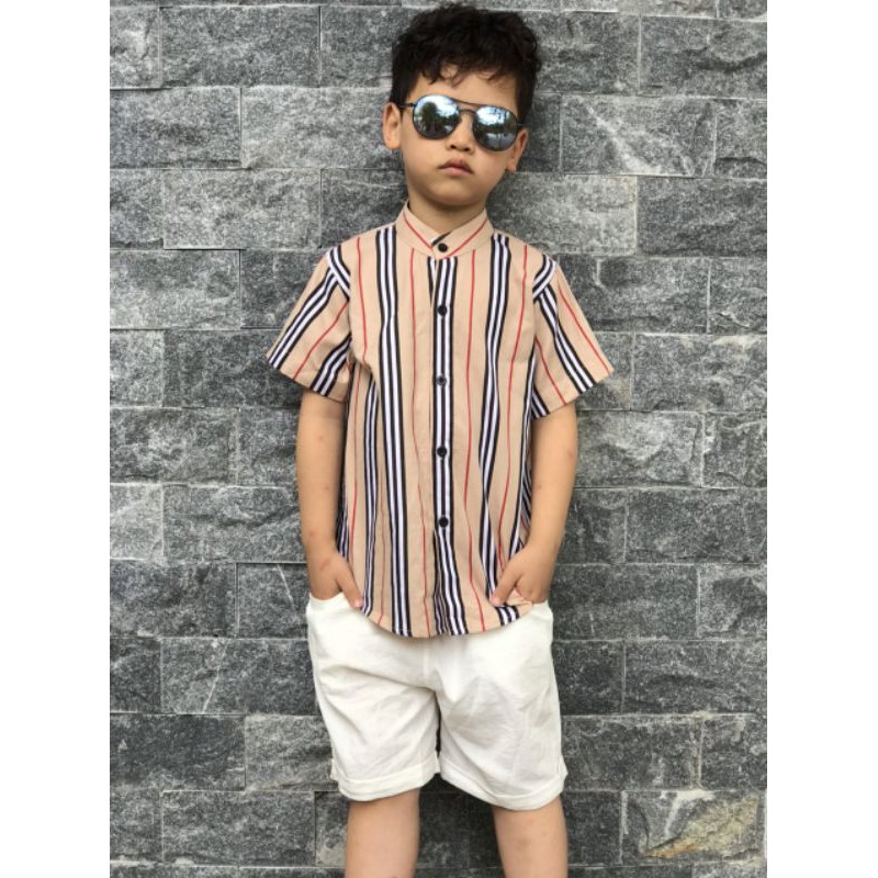 Quần áo bé trai - Áo sơ mi BBR cộc tay kẻ dọc mix quần sooc đùi trắng - MinMax Connect