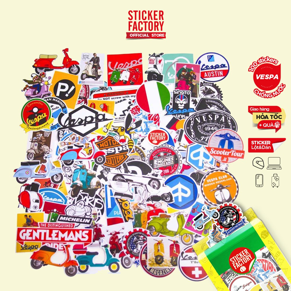 Vespa - hộp set 100 sticker decal hình dán nón bảo hiểm , laptop, xe máy, ô tô - STICKER FACTORY