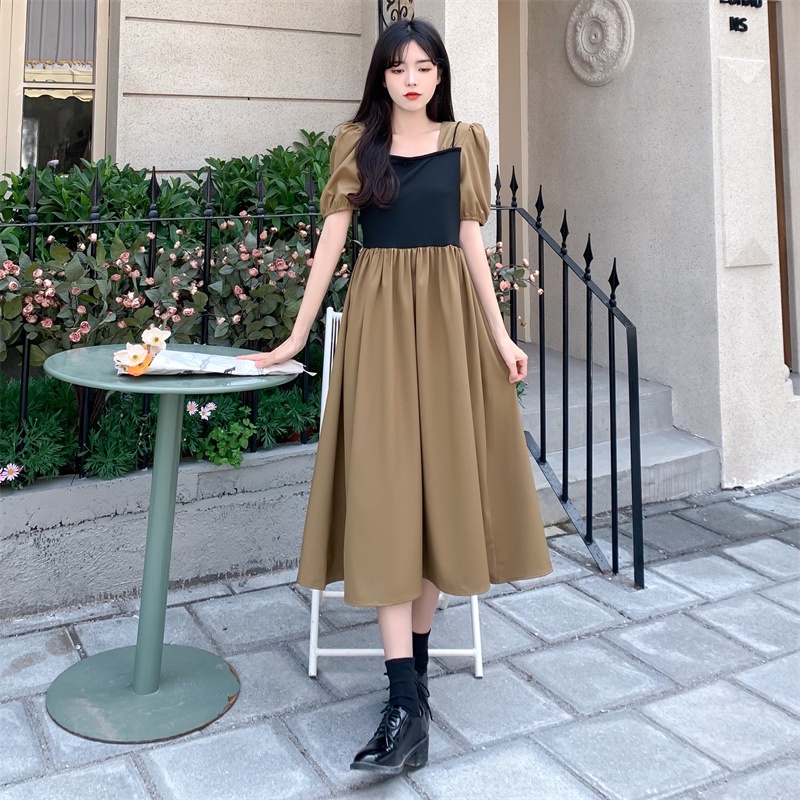 Đầm Dáng Dài Cổ Vuông Chiết Eo Kiểu Retro Thời Trang Mùa Hè Xinh Xắn Cho Nữ