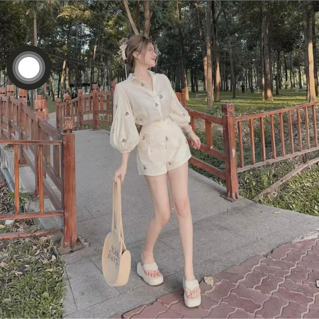 Set Nữ Thêu Hoa Quần Short Khuy Cườm S15