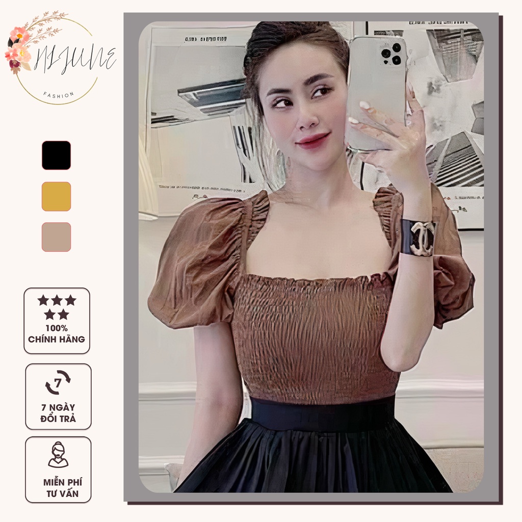 Áo croptop nữ kiểu ôm tay ngắn cổ vuông nhún ngực voan body tay bồng HIJUNE CT02