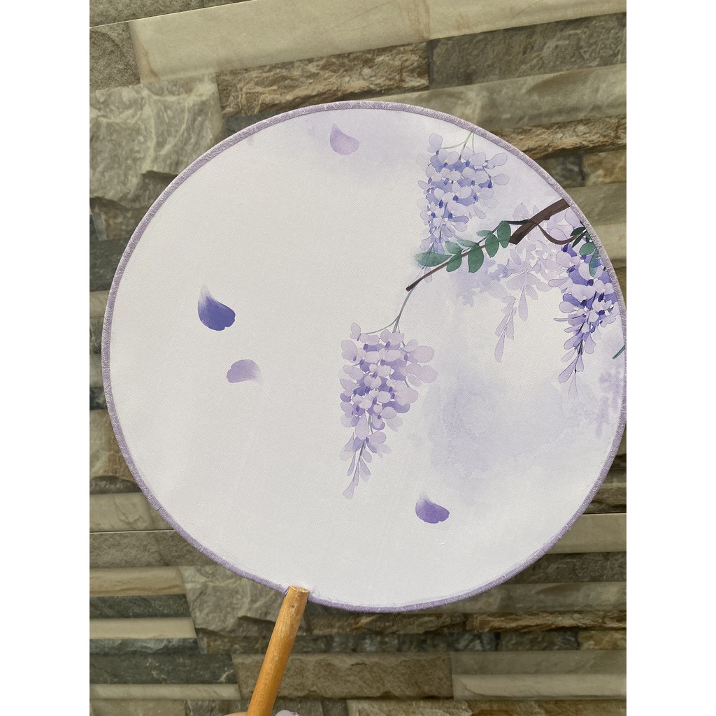 ( M65 ) Quạt tròn cổ trang cầm tay cán dài in hình TỬ ĐINH HƯƠNG gắn dây tuyến cosplay xinh xắn