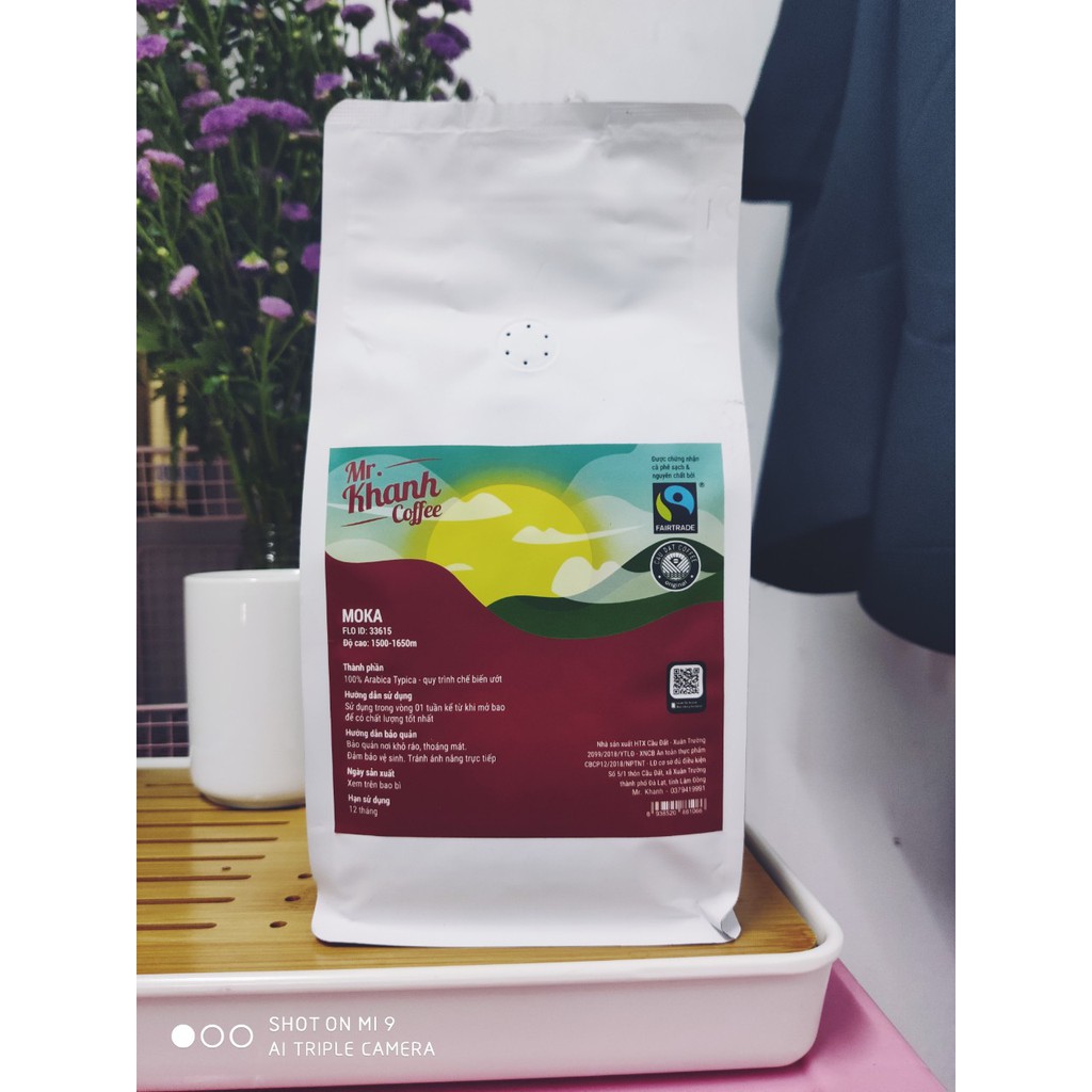 [Mùa mới] Cà Phê Moka Võ Khanh Cầu Đất Arabica Typica Moka 100% K Phiêu (Túi 500g)- Tặng Phin và muỗng inox vàng óng ánh