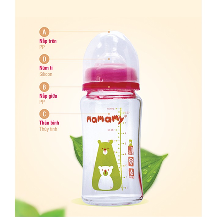 BÌNH SỮA THỦY TINH CỔ RỘNG CHỐNG SẶC VÀ ĐẦY HƠI MAMAMY 240ML