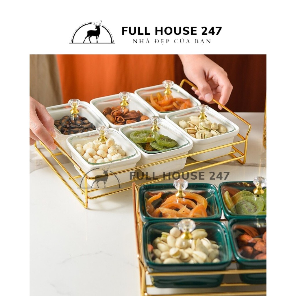 Hộp đựng mứt kẹo ngày tết bằng gốm sứ kèm khay [ Fhouse247 ] phong cách hiện đại nắp thủy tinh sang 