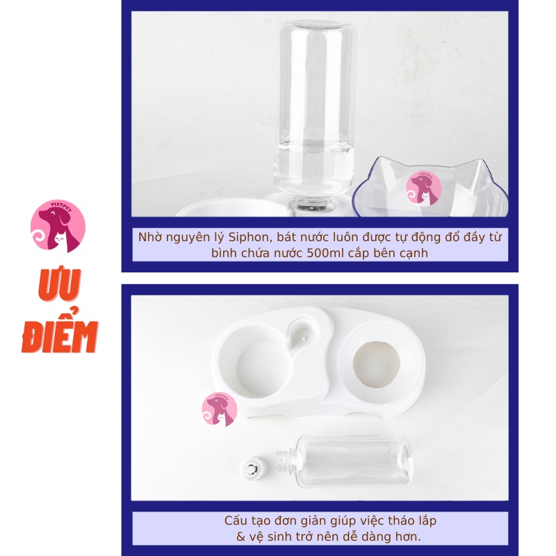 Khay bát ăn uống tự động VIETPET (Tặng bình to) - Chất lượng cao - Đẹp &amp; Bền - Bát nghiêng 15 độ giúp thú cưng ăn dễ hơn