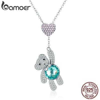 Vòng cổ bạc 925 BAMOER mặt hình gấu hồng dễ thương dành cho nữ