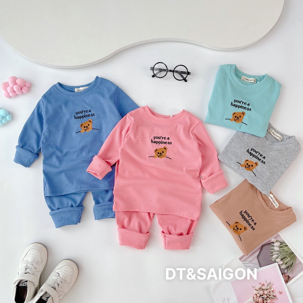 Đồ Bộ Cho Bé Mặc Nhà thun tăm thu đông dài tay thêu gấu cho bé trai, bé gái nhiều size Caibaby_store