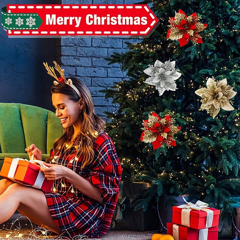 Bộ 5 Bông Hoa / Kim Tuyến Nhân Tạo Dùng Trang Trí Cây Thông Giáng Sinh / Năm Mới