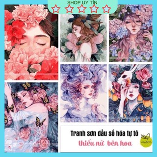 [Có khung sẵn] Tranh tô màu theo số vải canvas cao cấp chủ đề thiếu nữ