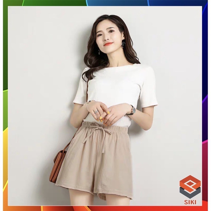 Quần shorts nữ vải thô đẹp ống rộng cạp chun siêu mát