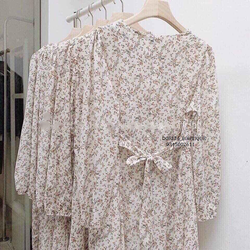 Váy hoa nhí vintage dáng dài 2 lớp, thắt nơ eo - Đầm hoa vintage - Dorita Boutique | BigBuy360 - bigbuy360.vn