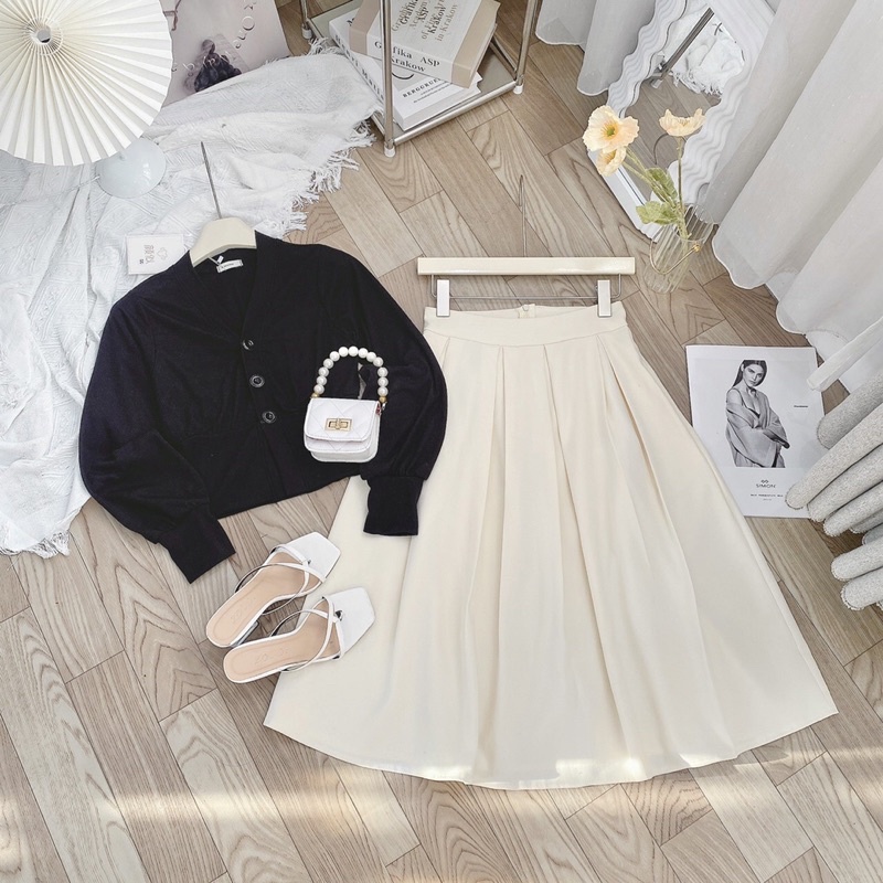 Set Áo Len Tăm Bo Dày Dặn Phối Chân Váy Kem