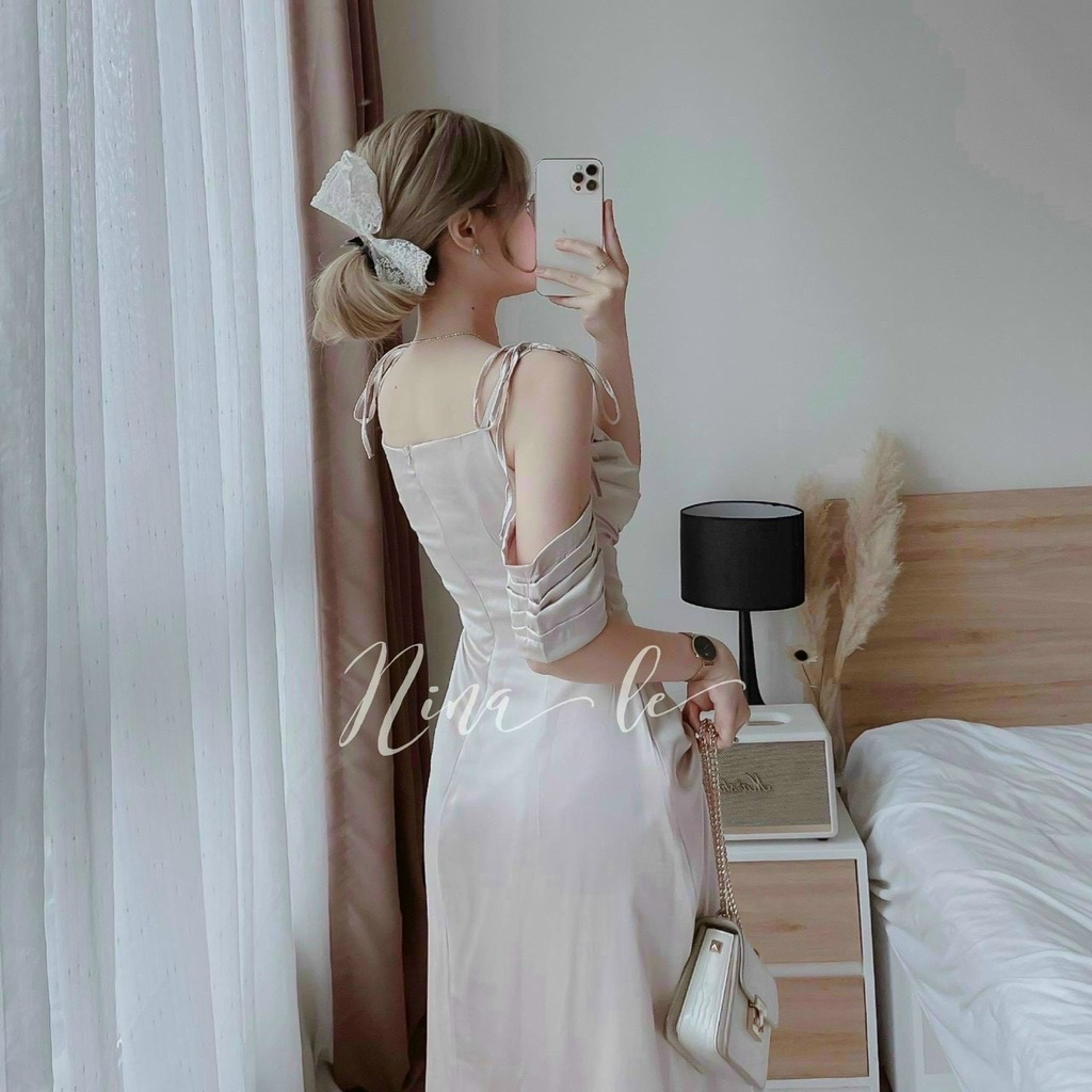 Đầm Nữ Thời Trang Mặc Đi Tiệc, Đầm Maxi Phi Cổ Đổ Hai Dây Xếp Ly Phong Cách Hàn Quốc Mặc Đi Tiệc Sang Chảnh