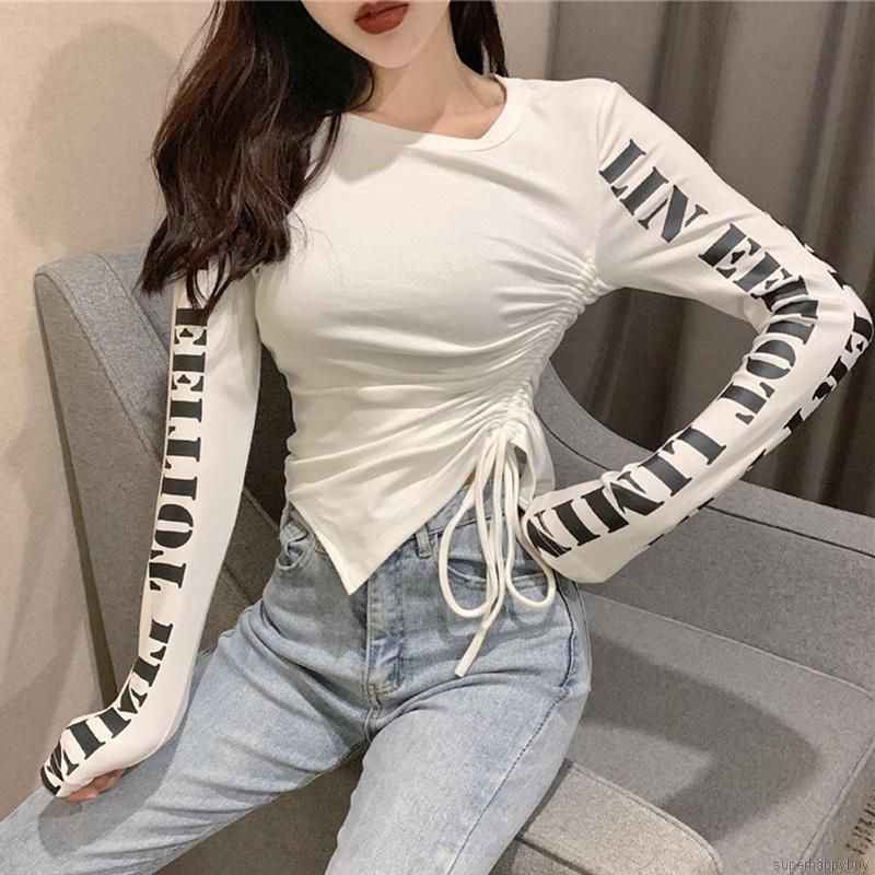 Áo thun nữ tay dài có in chữ thời trang quyến rũ