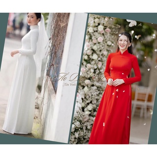 Áo Dài Cô Dâu Trơn 2 Màu Trắng+Đỏ Lụa Mỹ May 4 Tà Đính Kết Hạt Cổ, Tay, Tà Một Thiết Kế By Áo Dài Việt