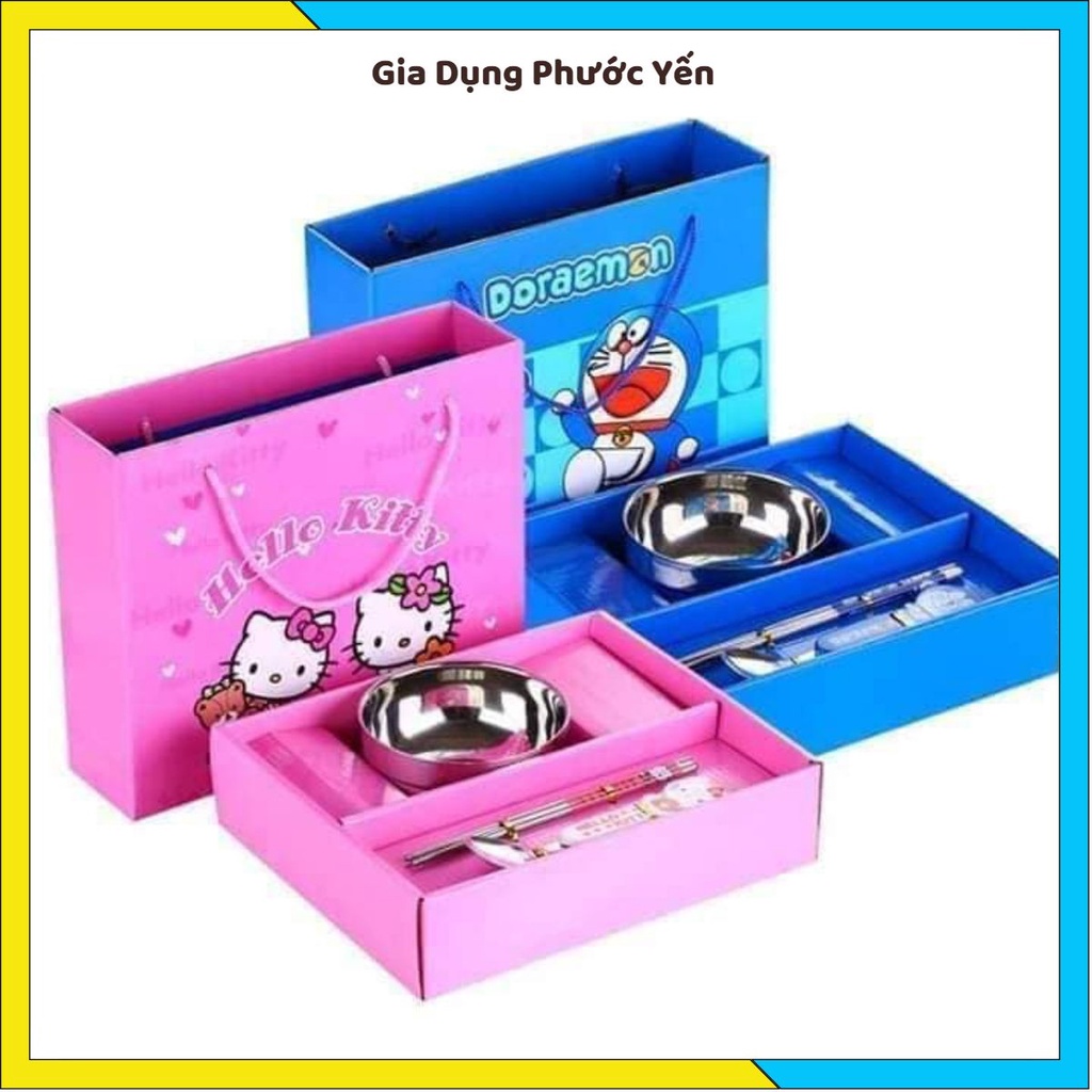 Bộ bát 2 lớp chống nóng hình doremon hello kity kèm đũa thìa cho bé