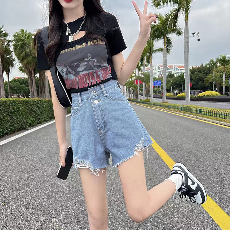 Quần short lưng cao ống rộng màu trơn phối rách thời trang Hàn Quốc cho nữ
