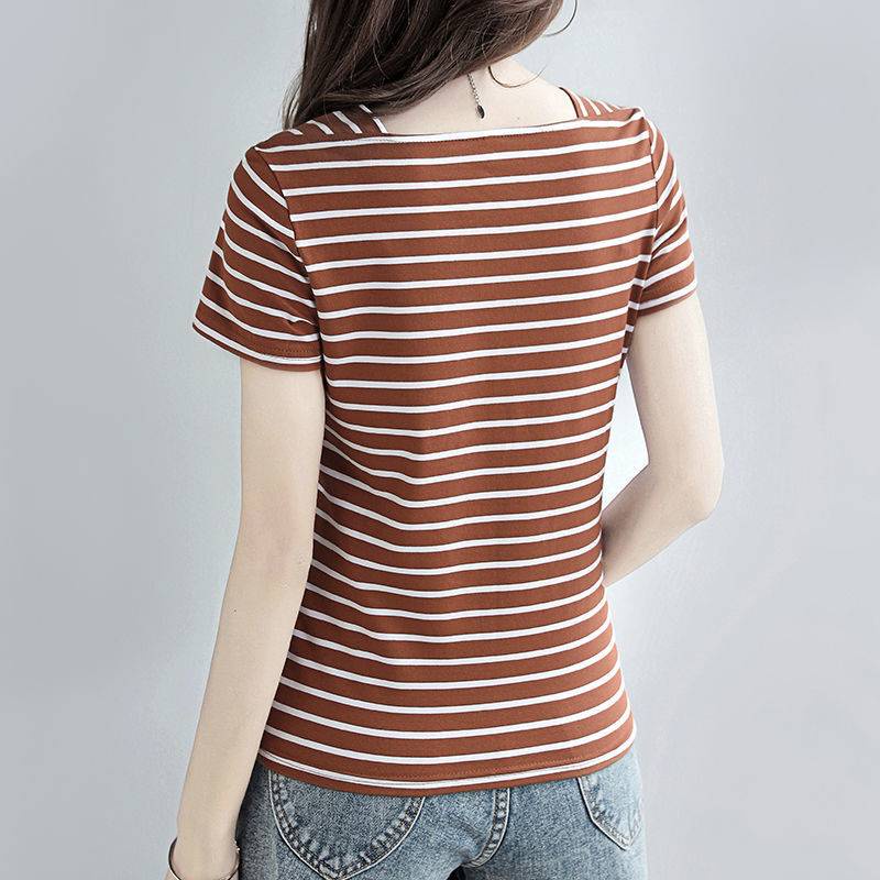 Áo Thun Tay Ngắn Cổ Chữ V Họa Tiết Kẻ Sọc Dễ Phối Đồ Thời Trang Cho Phụ Nữ Trung Niên