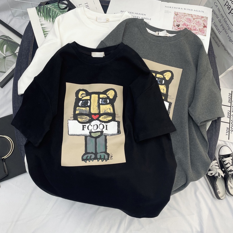 Áo thun SUXI cổ tròn ngắn tay dáng rộng in họa tiết phong cách Hàn Quốc thời trang hè đơn giản cho nữ