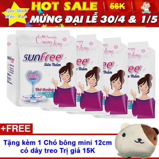 Combo 4 Gói Băng vệ sinh Sunfree siêu thấm khô thoáng có cánh 24cm x Gói 8 Miếng - Tặng kèm chó bông mini