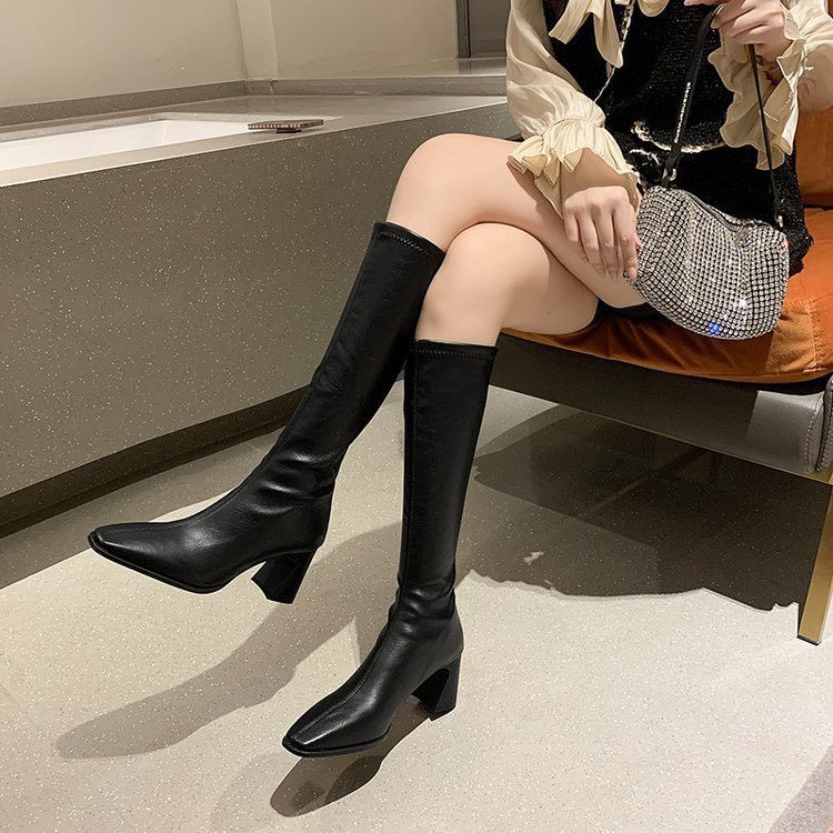 Bốt nữ Magann Boots 7 Phân cao gót đế gỗ đùi da mềm kéo khóa sau cá tính