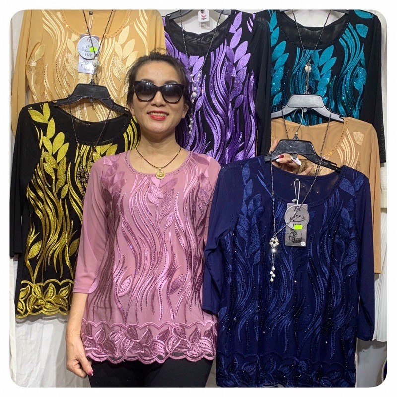 Áo thun voan trung niên cao cấp giao hoa văn ngẫu nhiên