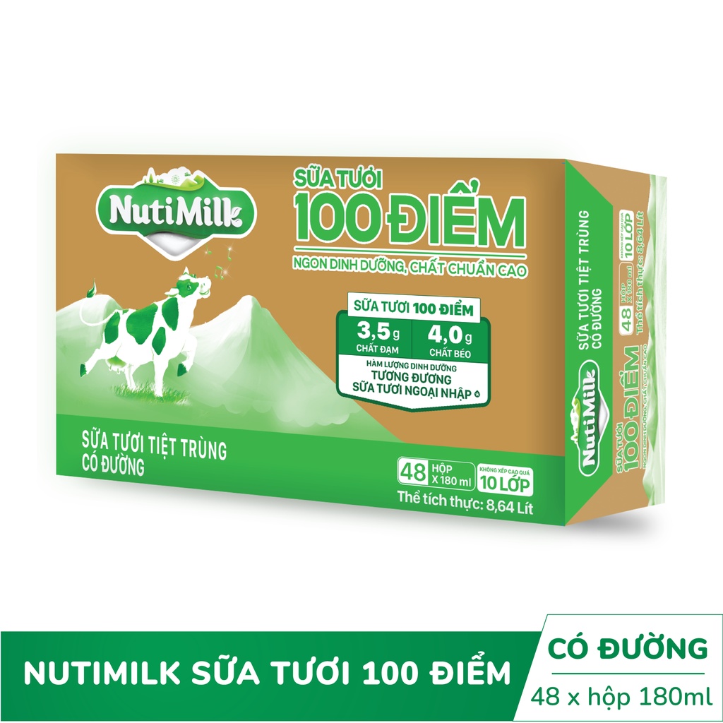 Thùng 48 hộp NutiMilk Sữa Tươi 100 Điểm Tiệt Trùng Có Đường Hộp 180 ml/hộp