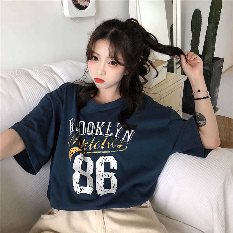 Women Summer Round Collar Big Code Korean Version Printed Loose Short Sleeve T-shirt Simple