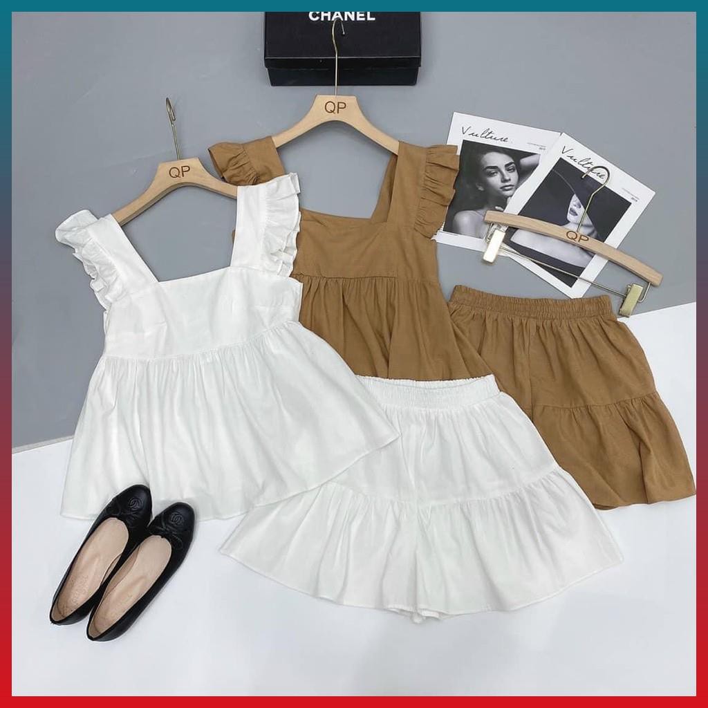 Set Áo Baby Doll Cánh Tiên Phối Chân Váy Set Áo Kiểu Ulzzang Cổ Vuông Đũi Cánh Tiên Điệu Đà Xinh Xắn | BigBuy360 - bigbuy360.vn