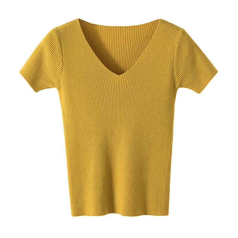 Áo thun dệt kim dáng ôm cổ chữ V màu trơn cỡ lớn thời trang cho nữ | BigBuy360 - bigbuy360.vn