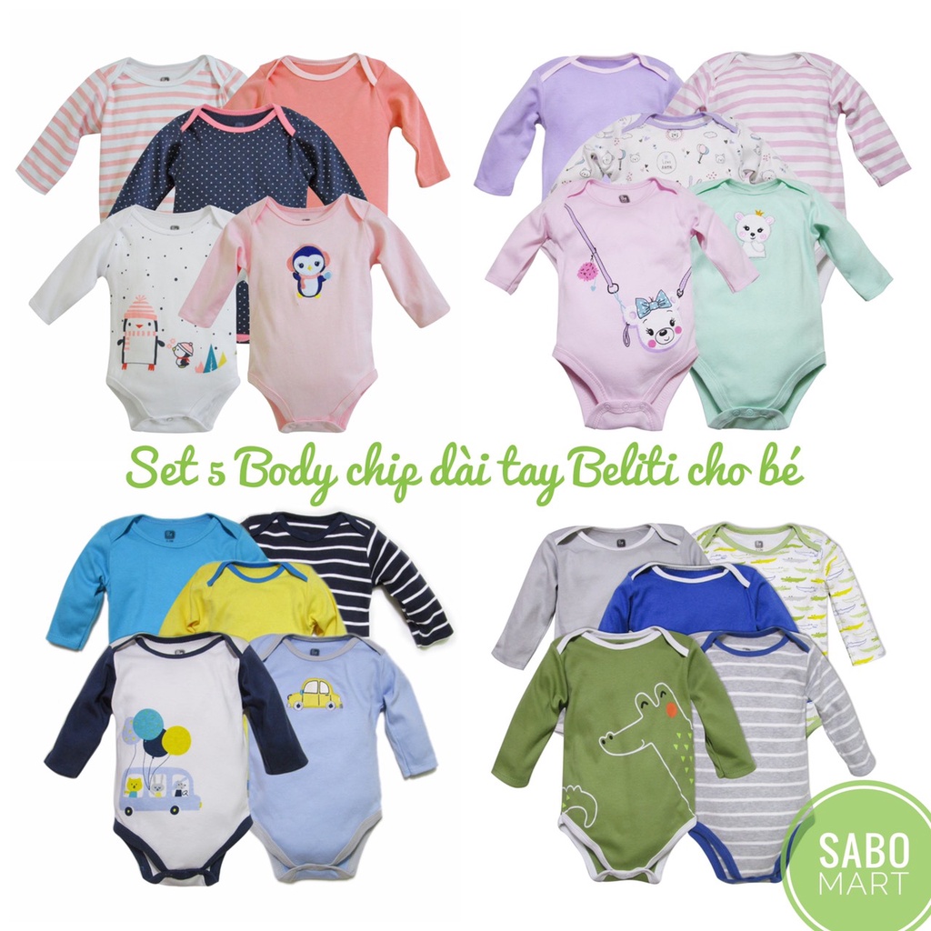 [CHỌN MẪU] SET 5 Body Chip Bodysuit TAY DÀI BELITI Siêu Đẹp Cho Bé Trai Bé Gái