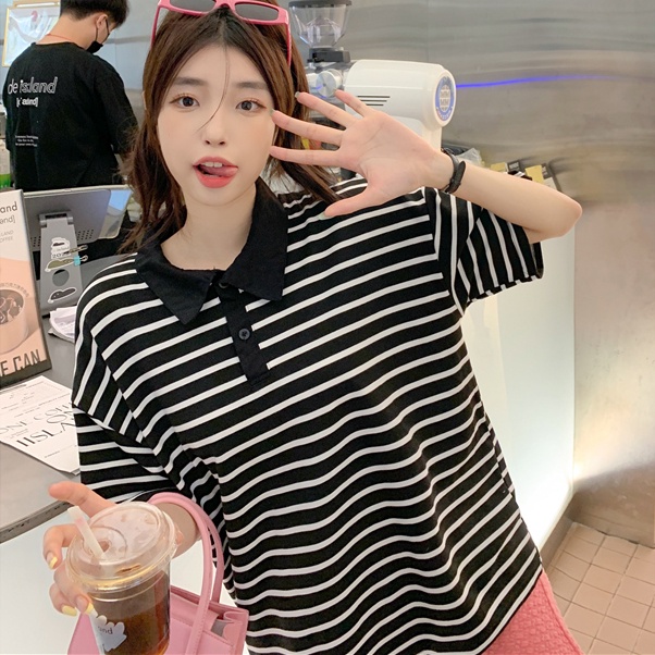 SUXI Áo polo Ngắn Tay Họa Tiết Kẻ Sọc Đen Trắng Phong Cách Vintage Dễ Phối Đồ