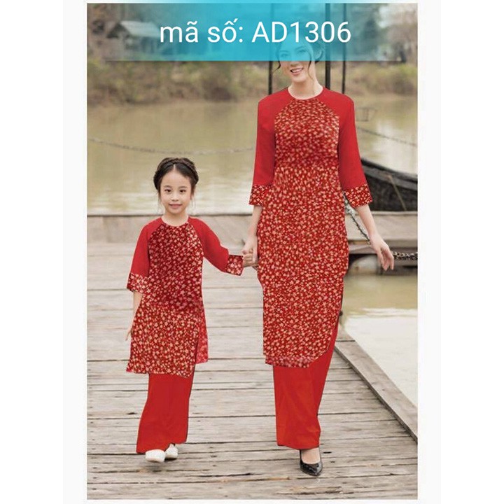 Có size lớn XXL AD1306 Set Áo Dài cách tân mẹ và bé họa tiết hoa nhí kèm quần .