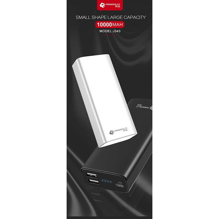 Sạc dự phòng FengZhi J343 - 10000 mAh Hàng chính hãng , 2 cổng  USB ,2 cổng  vào Mirco và TYpe c