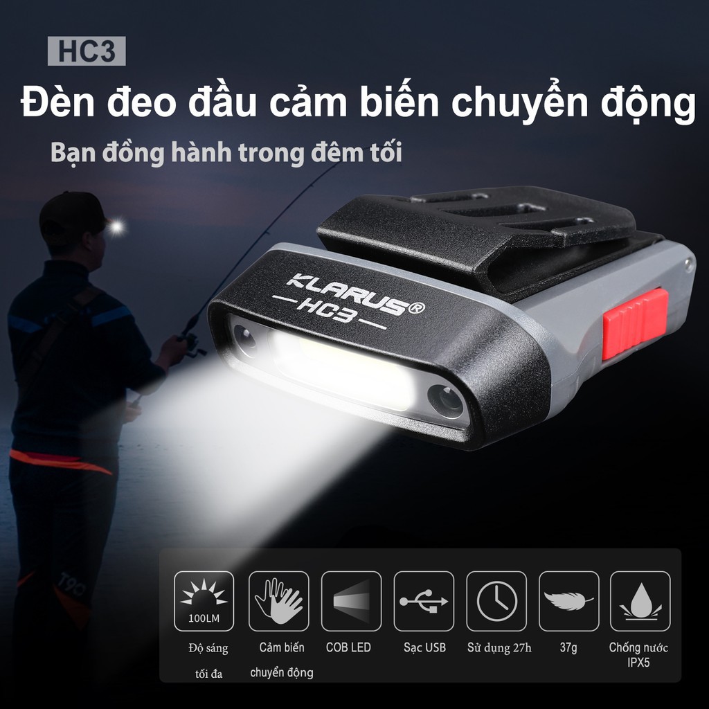 [BẢN MỚI NHẤT] [HÀNG NHẬP KHẨU] KLARUS HC3 GREY, đèn pin và đèn sạc, đèn đeo đầu - độ sáng 100lm sử dụng 27h