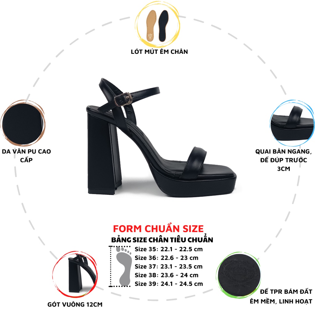 Giày Sandal Cao 12P Gót Vuông Colomo HADU M1021 Quai Ngang Đúp Trước 3P, BH 24 Tháng