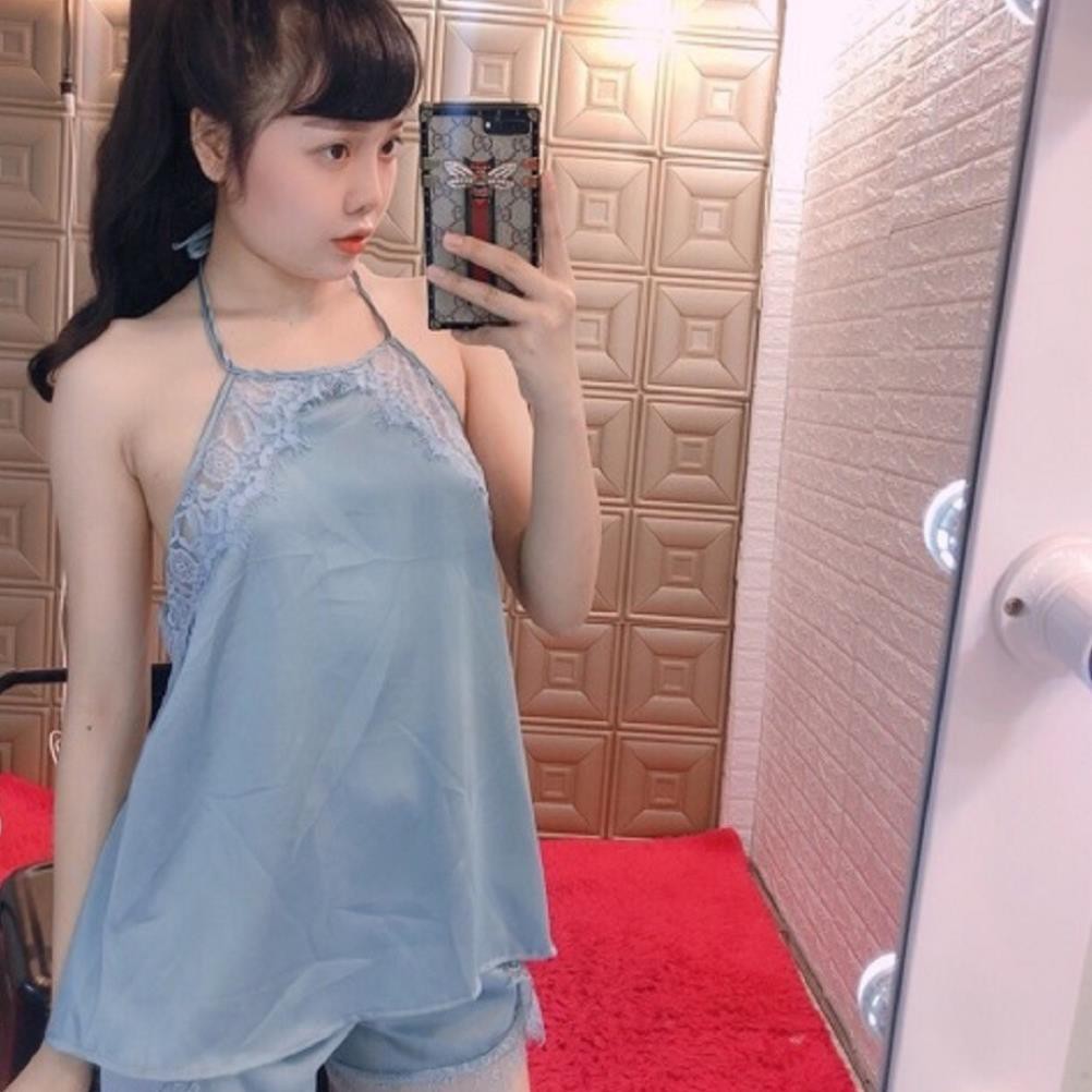 Đồ ngủ sexy ❣️FREE SHIP❣️ Đồ ngủ yếm cột dây ren mi sexy lụa satin cao cấp freesize <60kg | BigBuy360 - bigbuy360.vn
