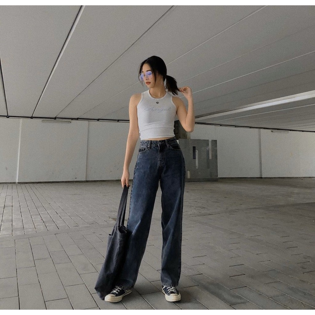 QUẦN JEAN DÀI ỐNG RỘNG LƯNG CAO XÁM ĐEN TRƠN BASIC - QUẦN BÒ NỮ CULOTTES SUÔNG 60