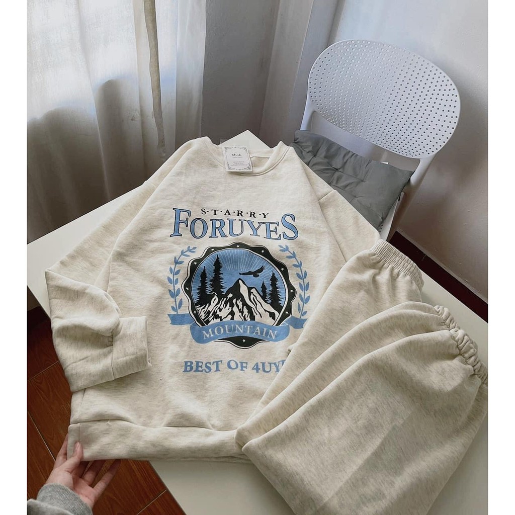 Set Nỉ Starry Xám Nữ [FREESHIP] 🌸 Bộ đồ foruyes form rộng tay bồng, quần ống boom áo sweater cá tính Ulzzang 🌸 | BigBuy360 - bigbuy360.vn