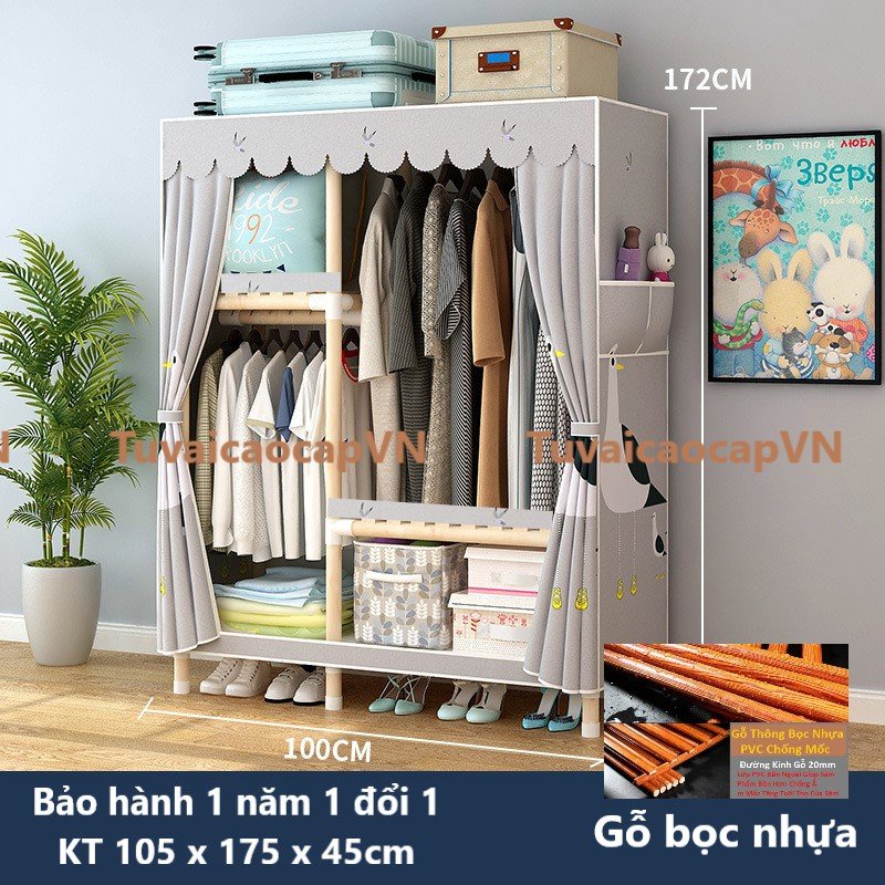 Tủ vải đựng quần áo khung gỗ 2 buồng, tủ nhựa chống ẩm mốc tủ 2 buồng 4 ngăn [giá rẻ]