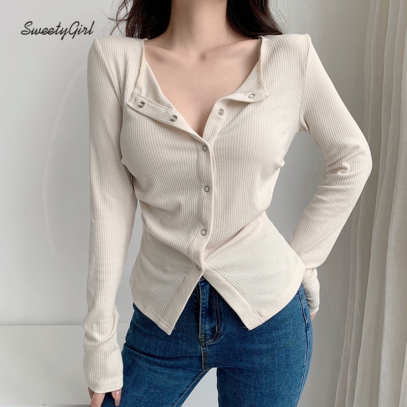 Áo Thun Polo Tay Dài Cổ Thấp Màu Trắng Trơn Thời Trang 2022 Quyến Rũ Dành Cho Nữ