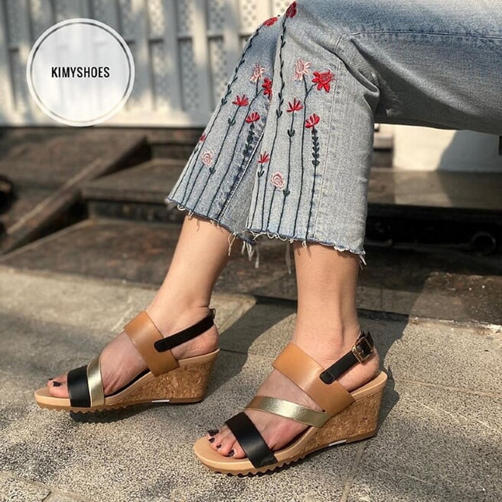 Sandal VNXK đế xuồng 5cm siêu êm quai mix màu đen- Quai cài tiện lợi (Có video chi tiết )