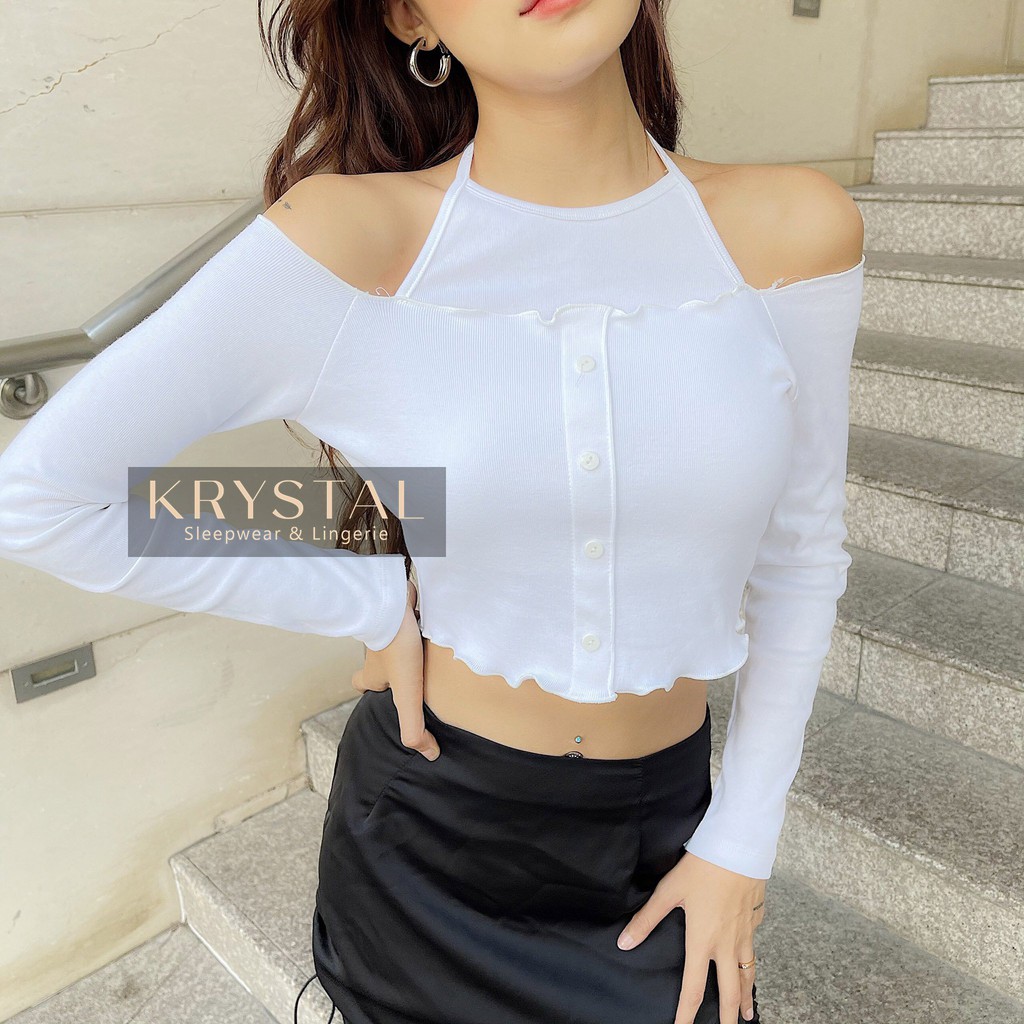 Áo croptop nữ thun tay dài cồ yếm trễ vai ôm body KRYSTAL NK46