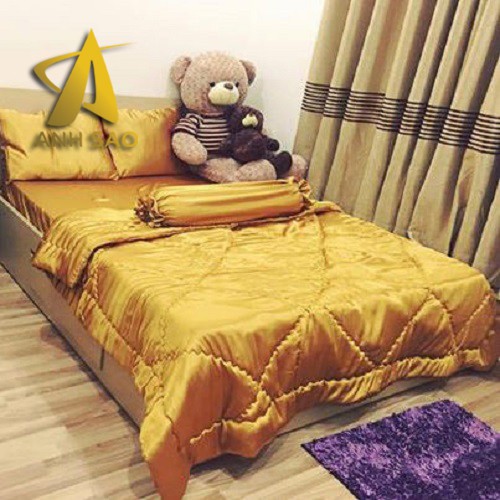 Bộ Chăn Drap Lụa Cao Cấp Ánh Sao Màu Vàng Đồng 1m6x2m/1m8x2m - Mền lồng lớp bông mỏng có chân chỉ hình thoi